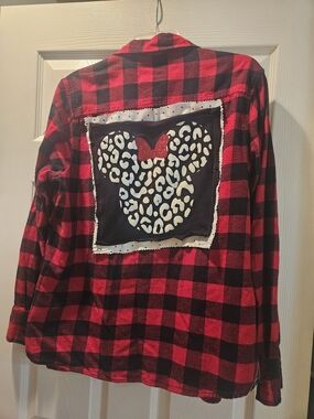 Upcycled Field & Stream Red and Black Buffalo Plaid Flannel Shirt with Graphic